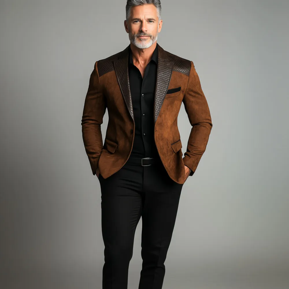 Men's Business Suede Splicing PU Leather Lapel Collar One Button Blazer