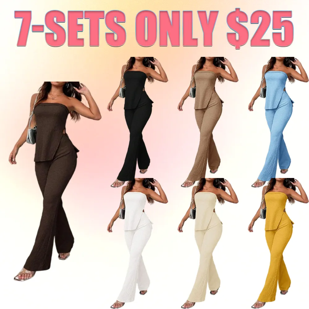 Women's Summer Two-Piece Set – Strapless Top & High-Slit Flare Pants, Casual Resort Outfit