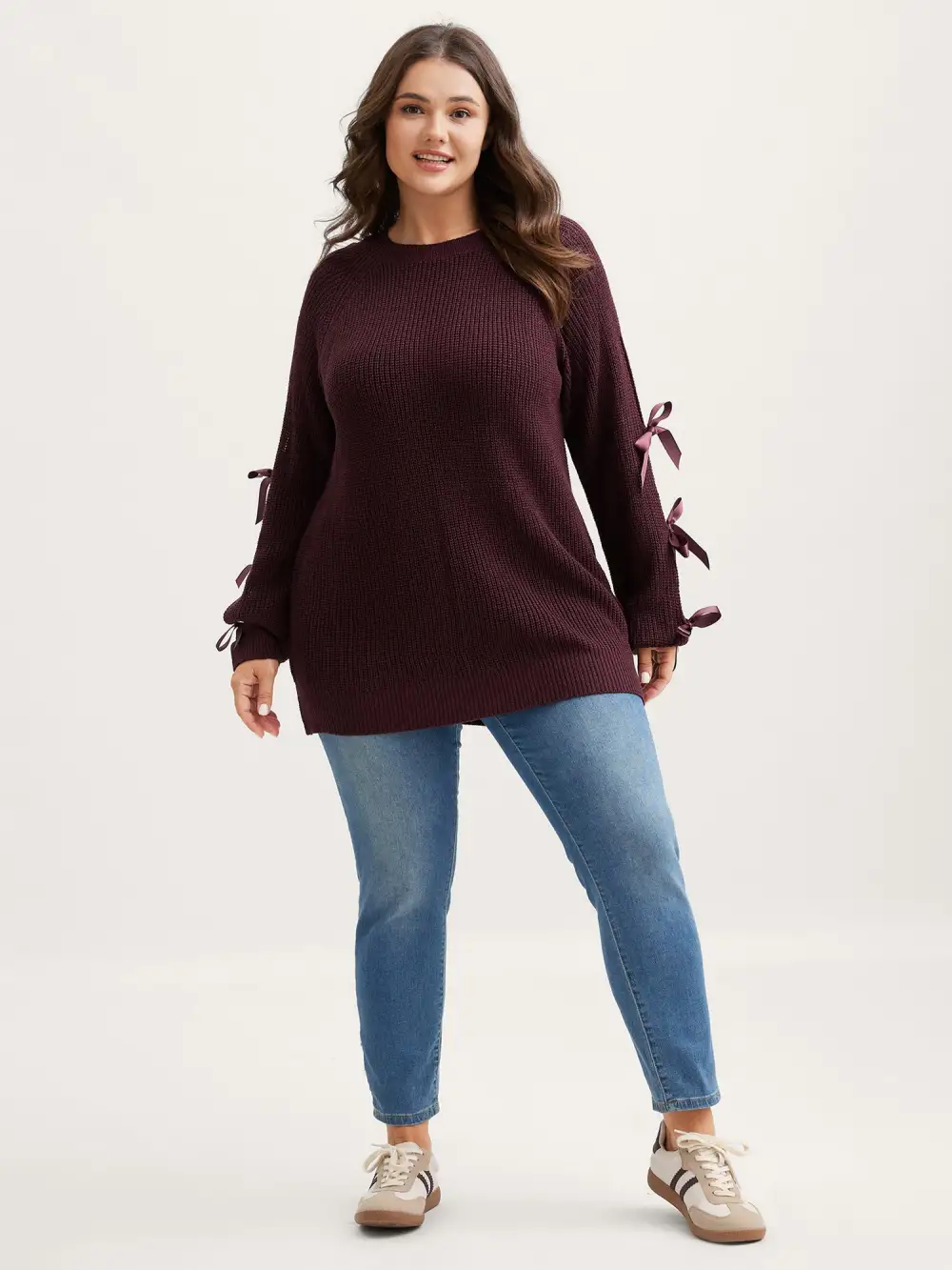 Bowknot Cut-Out Sleeve Solid Pullover