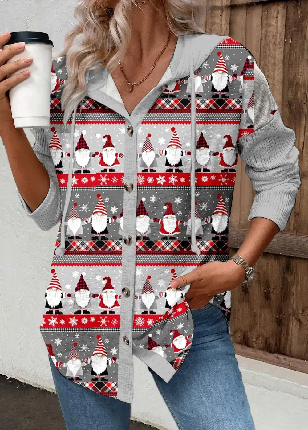 Grey Drawstring Christmas Print Long Sleeve Hoodie