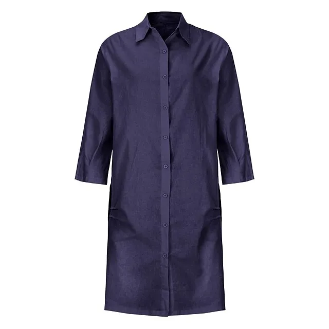 Women's Shirt Dress Casual Dress Cotton Linen Dress Midi Dress Cotton Blend Simple Basic Home Street Daily Shirt Collar Pocket Long Sleeve Summer Spring Fall 2023 Loose Fit Black White Yellow Pure