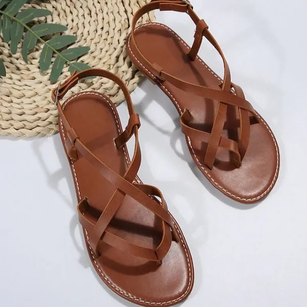 Women's Sandals Boho Bohemia Beach Flat Sandals Plus Size Daily Beach Summer Flat Heel Open Toe Casual Minimalism Faux Leather Solid Color Dark Brown Black Beige
