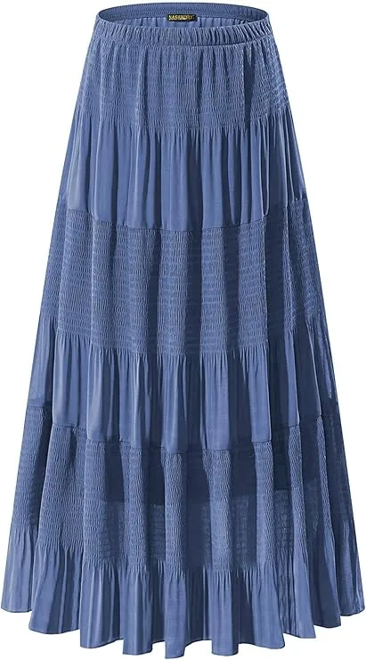 Women's Chiffon Elastic High Waist Pleated A-Line Flared Maxi Skirts