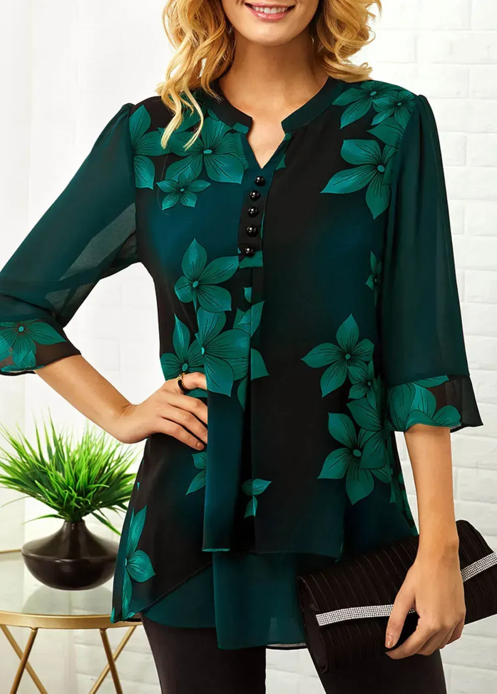 Split Neck Large Floral Print Button Detail Blouse