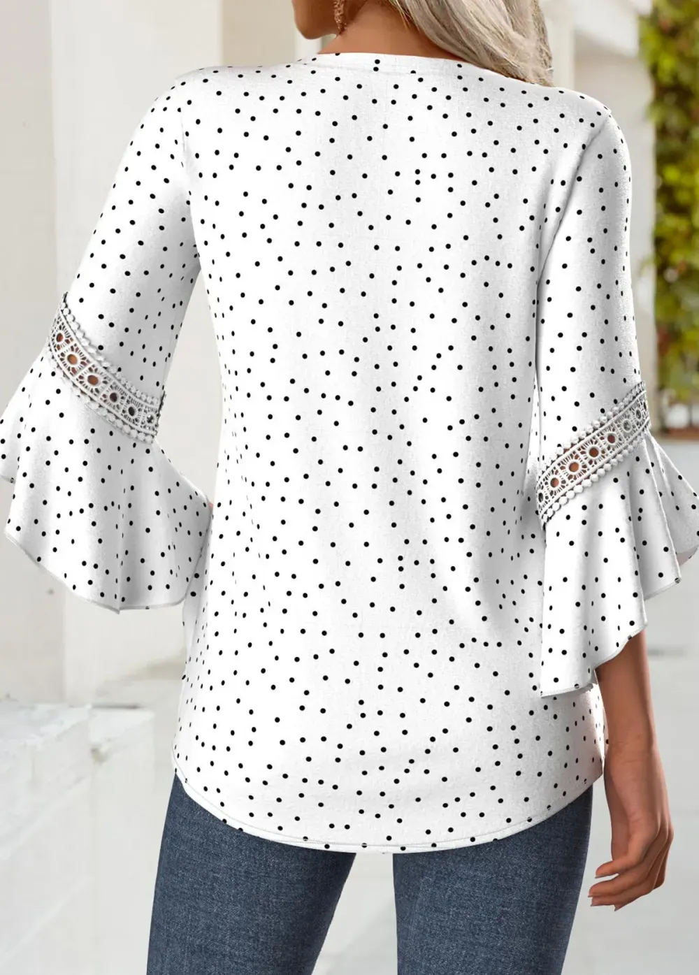 Multi Color Polka Dot 3/4 Sleeve Split Neck Blouse