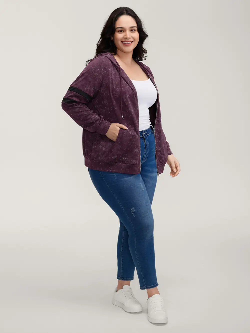 Stripe Sleeve Zipper-Front Pockets Jacket