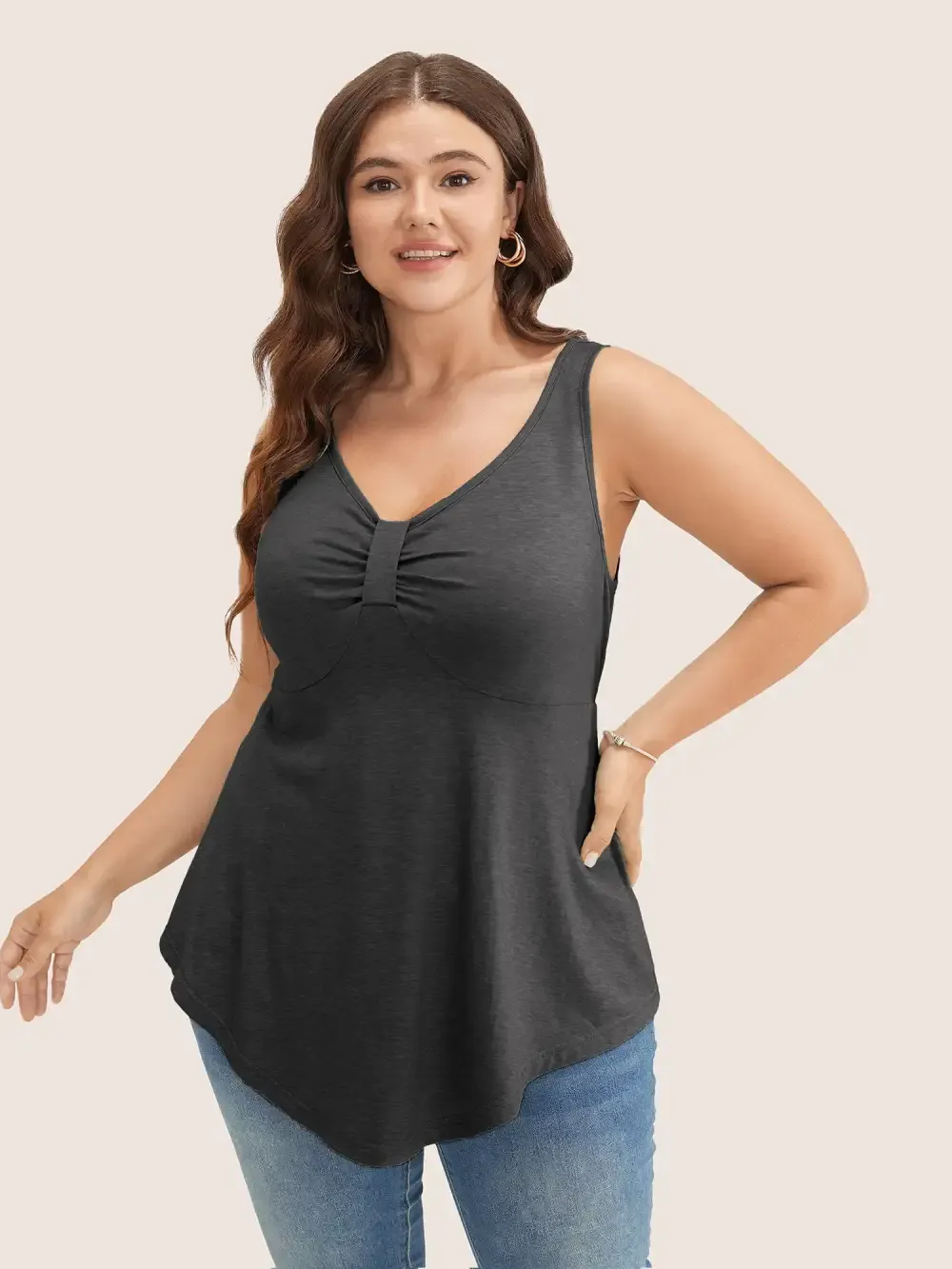 Solid Ruched Detail Asymmetrical Hem Tank Top