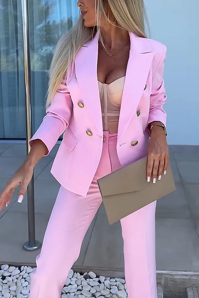 Women's solid color slim fit jacket&pants two-piece set