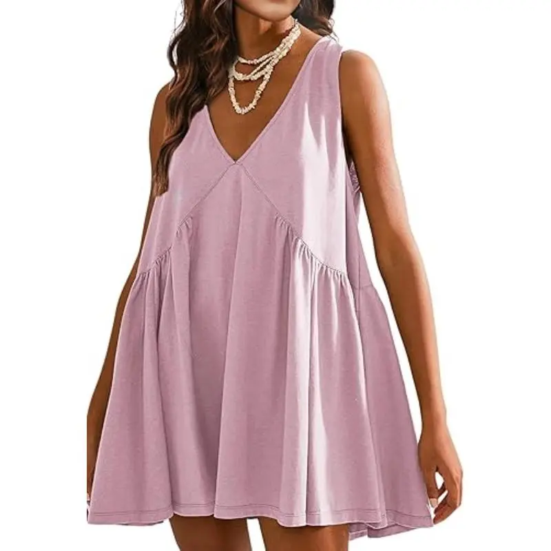 Womens Summer Sleeveless Mini Dress Casual Loose V Neck Sundress with Pockets