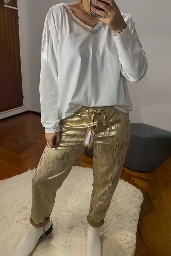 Women's V-neck Top and Gold Plated Pants 2-Piece Set