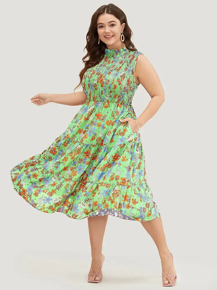 Floral Shirred Mock Neck Cut Out Pocket Ruffle Hem Dress