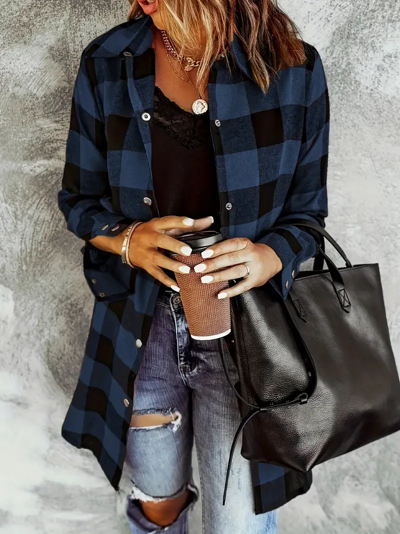 Plaid Print Button Front Shirt, Casual Long Sleeve Shirt For Spring & Fall,