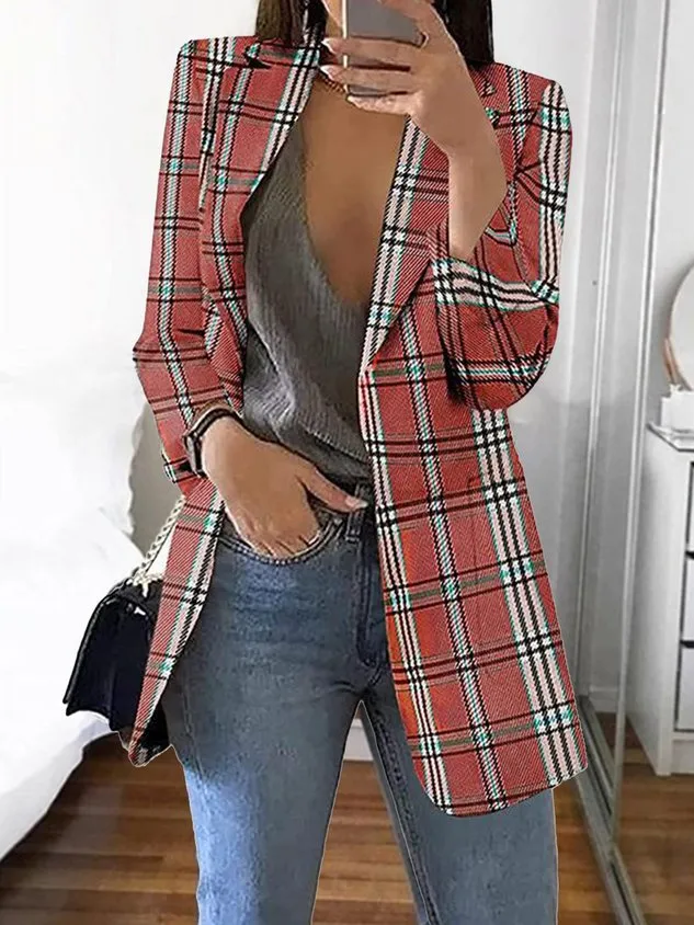 Shawl Collar Casual Plaid Polyester Cotton Blazer