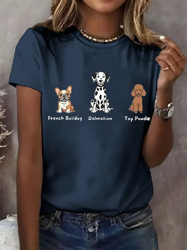Women'S French Bulldog Dalmatian Toy Poodle Print Round Neck T-Shirt