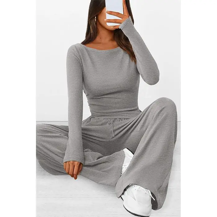 Women's 2-Piece Lounge Set – Asymmetrical Long Sleeve Top & Wide-Leg Pants, Casual Minimalist Tracksuit