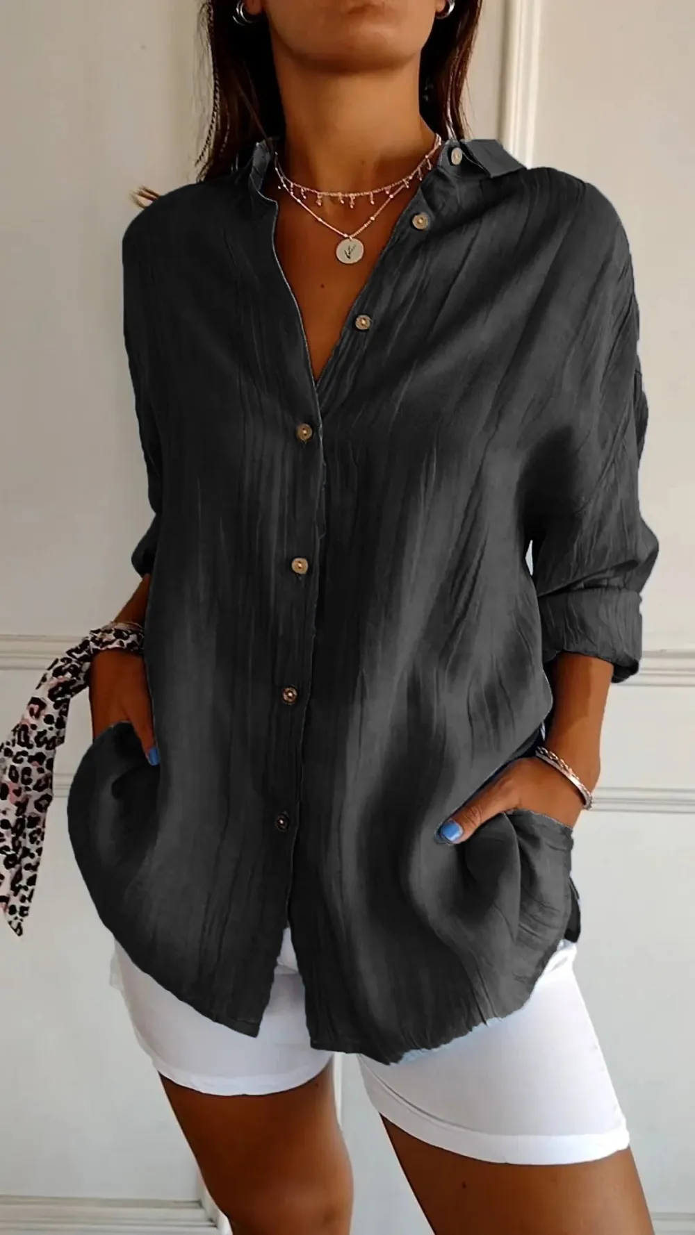 ✨Women's Casual Single-Breasted Pleated Lapel Shirt