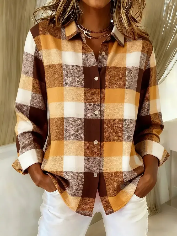 Women's Casual Retro Orange Plaid Cotton And Linen Shirt