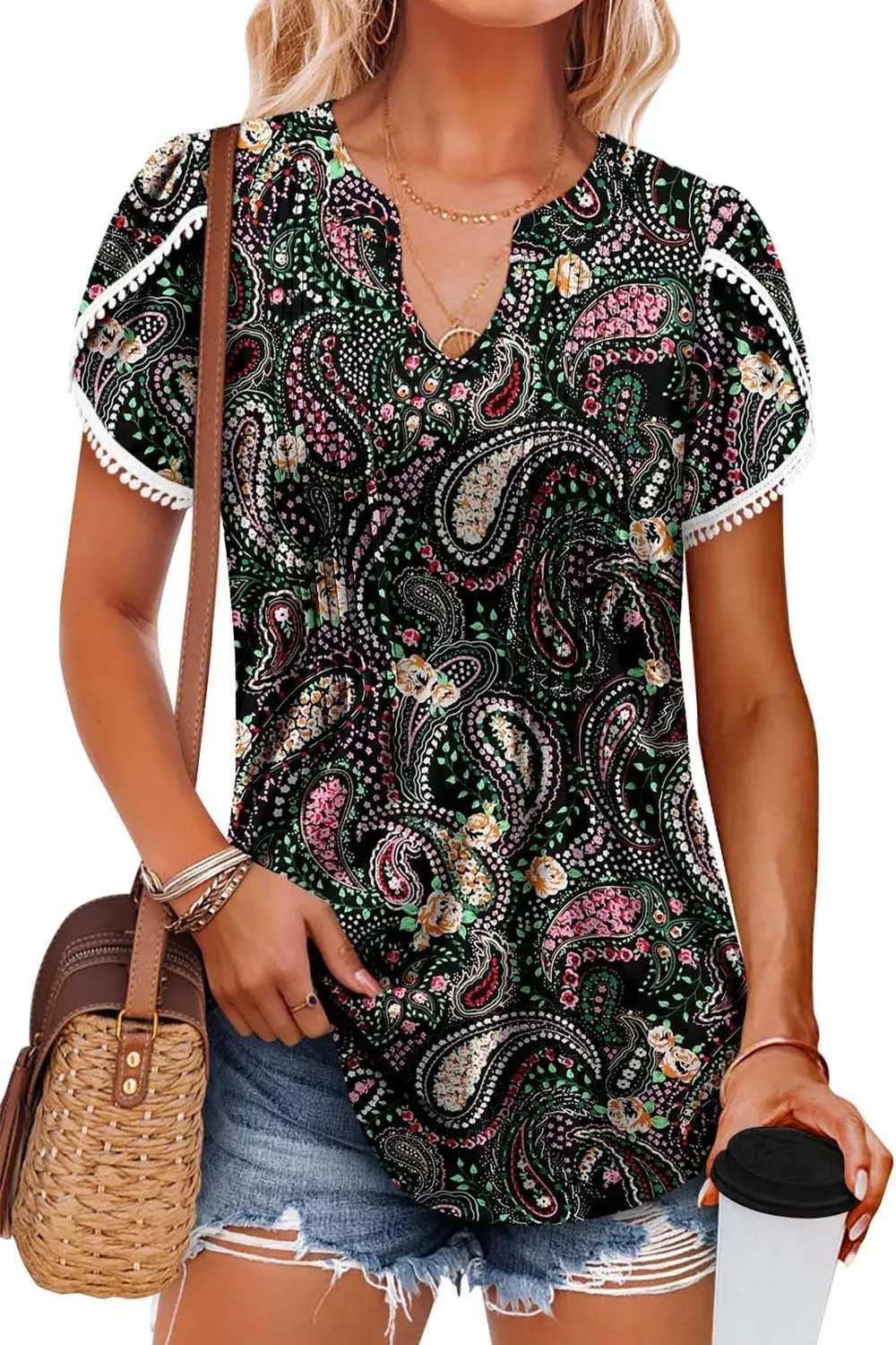 ✨Women's Cute Fringe Cuff Casual Short Sleeve Printed & Solid Tops