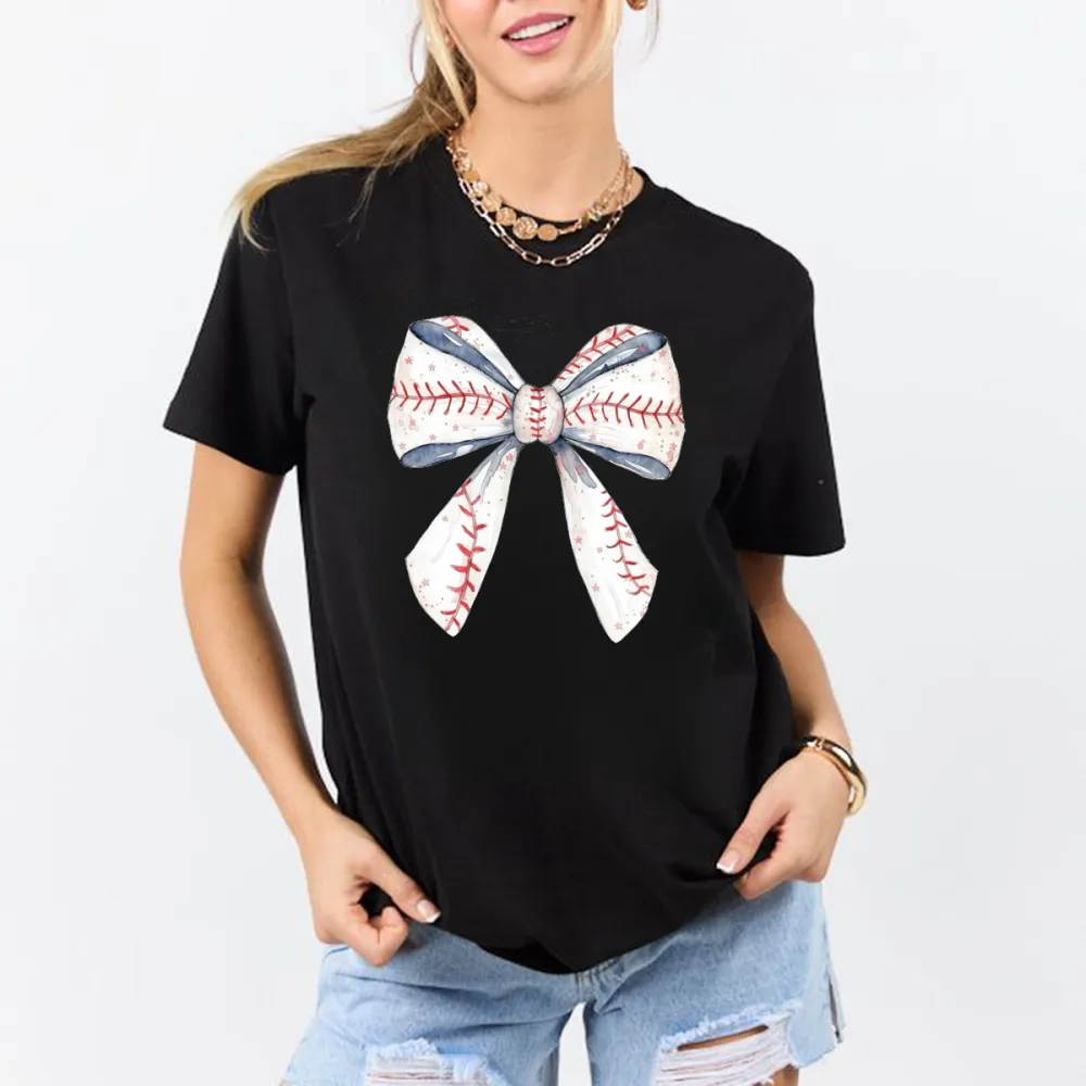 Bow Tie And Baseball Textured Stitching Combination Pattern, Casual T-Shirt.