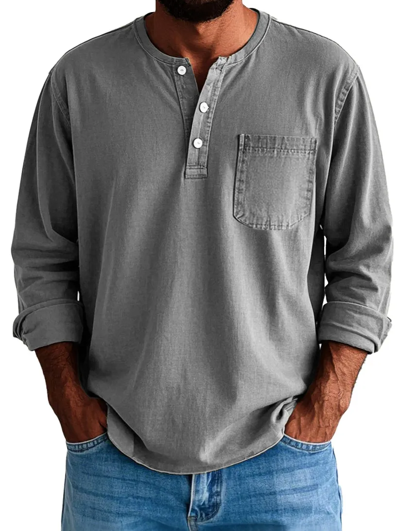 Men's Fashion Vintage Washed Cotton Long Sleeve Pocket Henley Shirt