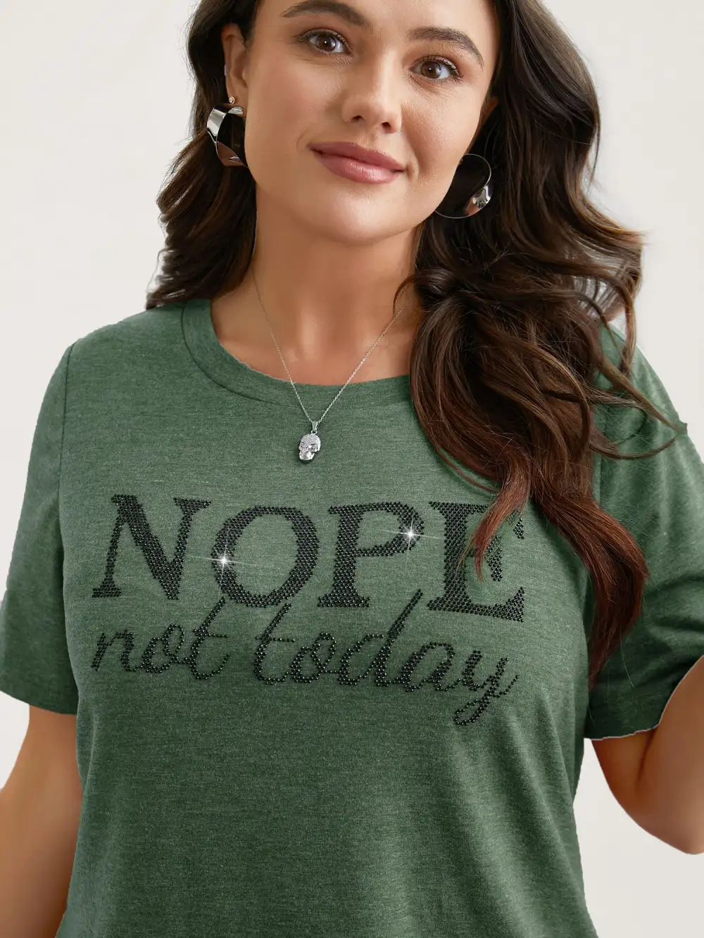 Nope Not Today Print Rhinestone Round Neck T-Shirt