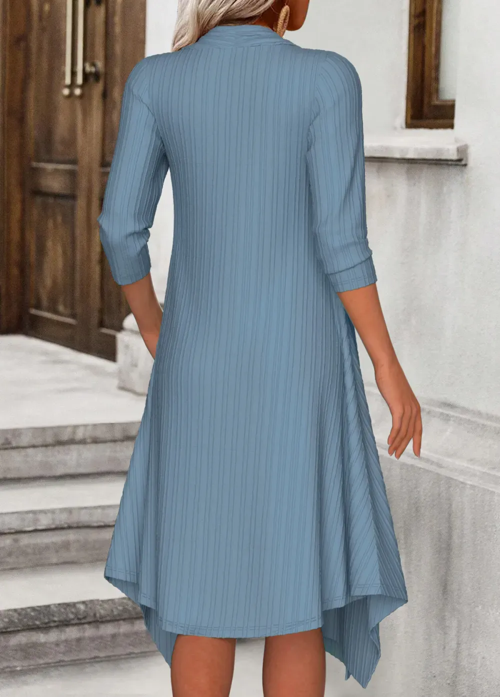 Dusty Blue Fake 2in1 Floral Print A Line Dress