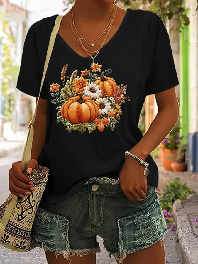 Women's Casual Autumn Floral Pumpkin T-Shirt