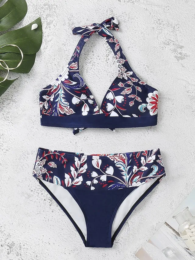 Women's Swimwear Bikini 2 Piece Swimsuit Halter 2 Piece Open Back Sexy Floral V Wire Tropical Sexy Bathing Suits
