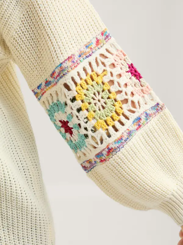 Crochet Floral Sleeve Lace Trim Pullover