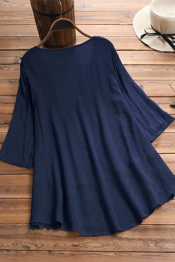 Solid Jacquard V-Neck Lace Patchwork Shirt