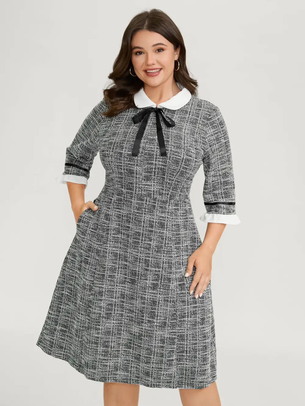 Tweed Knit Doll Collar Pockets Midi Dress