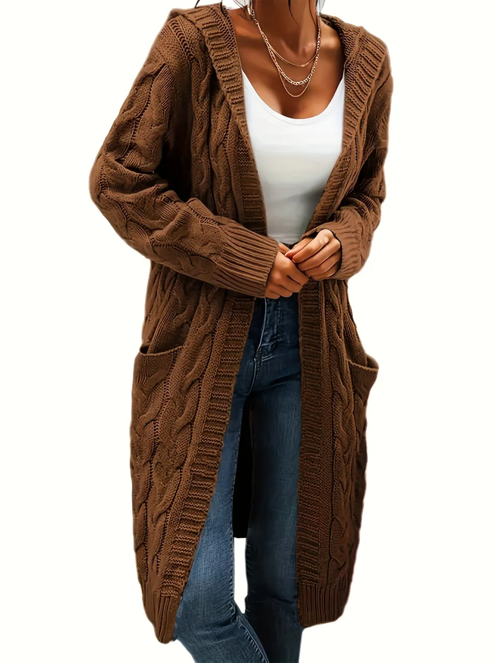 Cozy Long Sleeve Mid-Length Solid Color Cable Knit Hooded Cardigan - Soft Micro Elasticity Polyester, Casual Pocket Sweater for Women