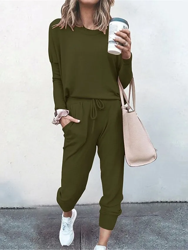 Women's Lounge Sets Crew Neck Long Sleeve Shirt and Elastic Waist Pants with Pockets Pure Color Fashion Casual Soft Home Daily Bed Polyester Breathable Summer Autumn Black Pink