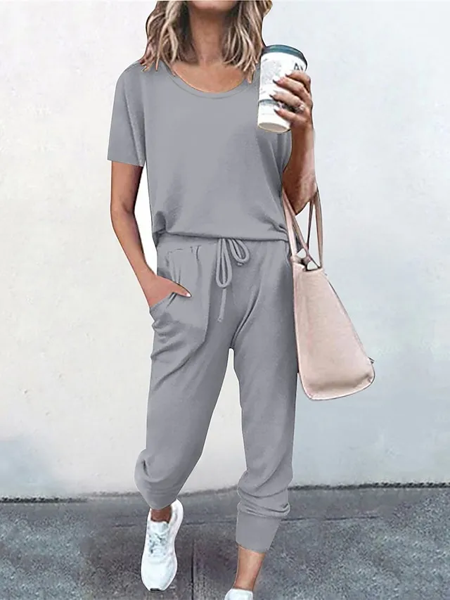 Women's Loungewear Sets Pure Color Fashion Casual Comfort Street Daily Date Polyester Breathable Crew Neck Short Sleeve T shirt Tee Pant Pocket Elastic Waist Summer Fall Black Pink