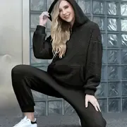 Cozy Solid Teddy Two-Piece Set - Long Sleeve Kangaroo Pocket Hooded Tops, Warm & Comfortable Long Length Pants Outfits for Women