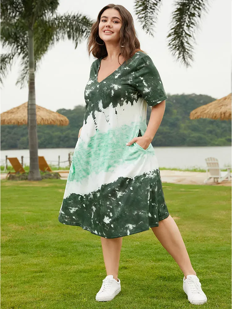 Tie Dye V Neck Pocket Midi Dress