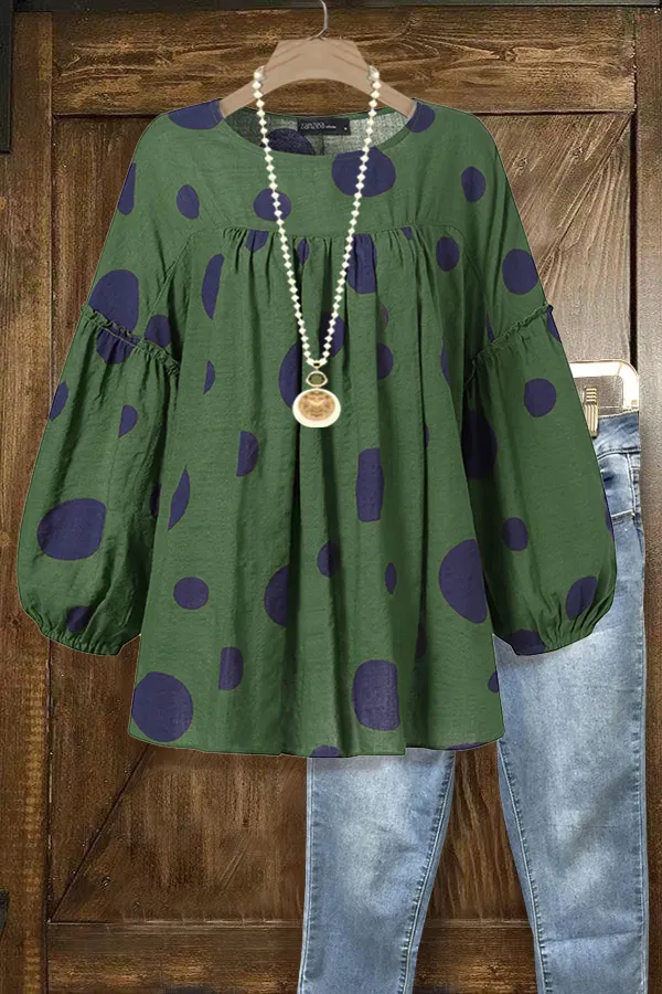 Polka Dot Print Lantern Sleeve Babydoll Top