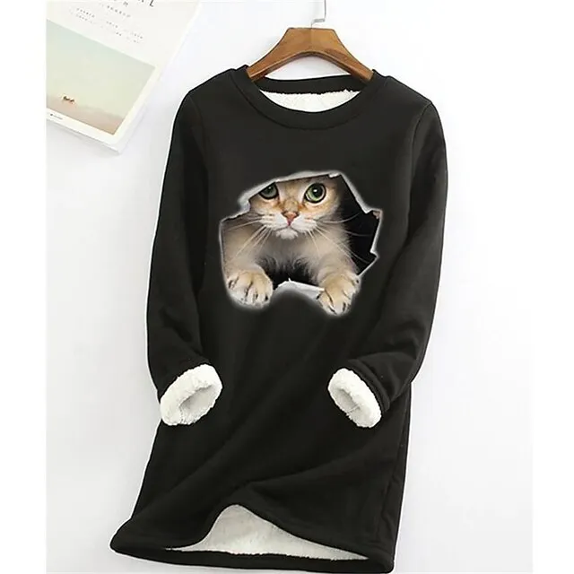 Women's Plus Size Sweatshirt Pullover Cat Teddy Sherpa Fleece Denim Blue Black White Street Casual Round Neck Long Sleeve Top Micro-elastic Fall & Winter