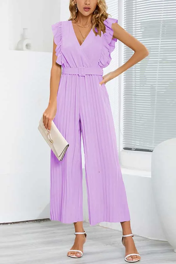 Solid Ruffle V-Neck Pleated Jumpsuit