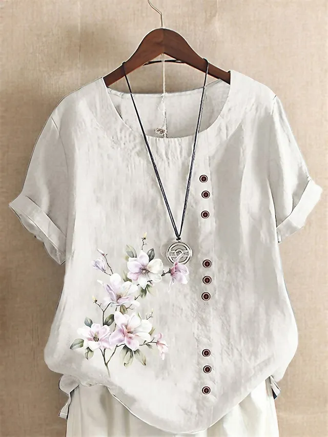 Women's Shirt Linen Shirt Blouse Cotton Linen Floral Button Print Daily Vintage Basic Holiday Short Sleeve Crew Neck White Summer Spring