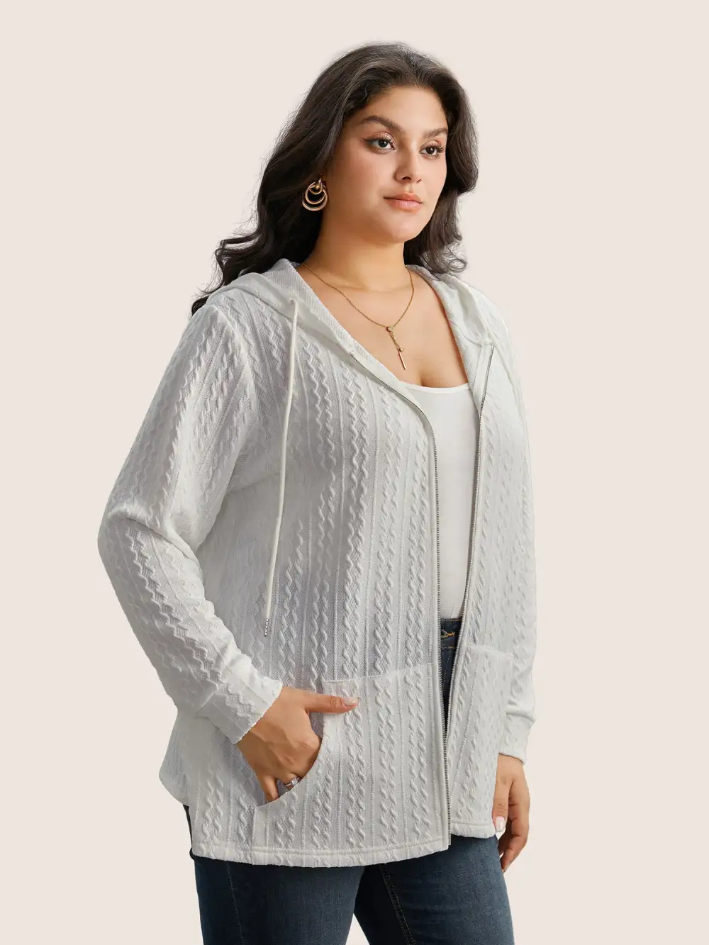 Plain Textured Zipper Hooded Sweatshirt