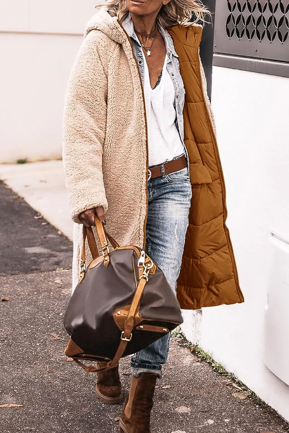 Women's Warm Winter Coats Reversible Sherpa Fleece Long Hooded Puffer Jackets Outerwear