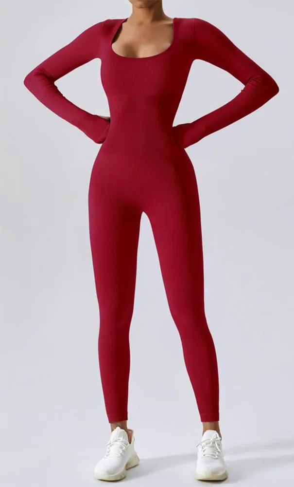 Women's Solid Ribbed Long Sleeve Sports Playsuit Tummy Control Jumpsuit, Workout Ribbed Long Sleeve Exercise Bodycon Jumpsuit