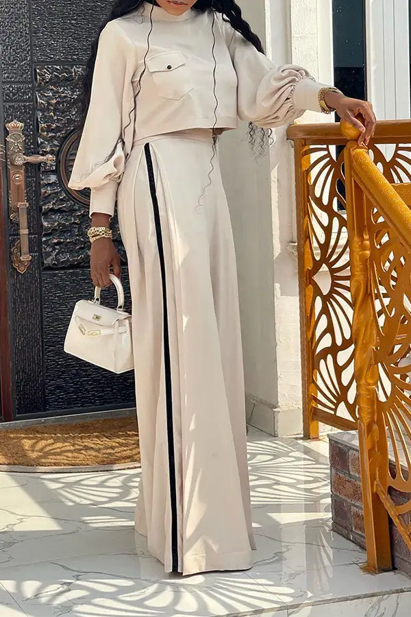 Colorblock Mock-Neck Wide-Leg Pant Set