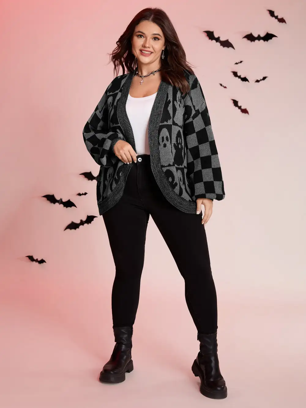 Ghost Checkered Jacquard Arc Swing Cardigan