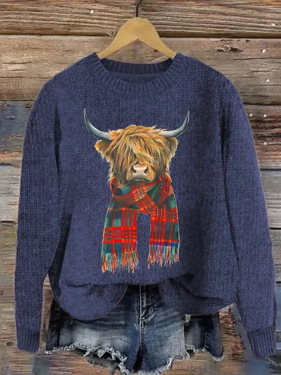 Women's Cute Highland Cow Print Knitted Crew Neck Sweater