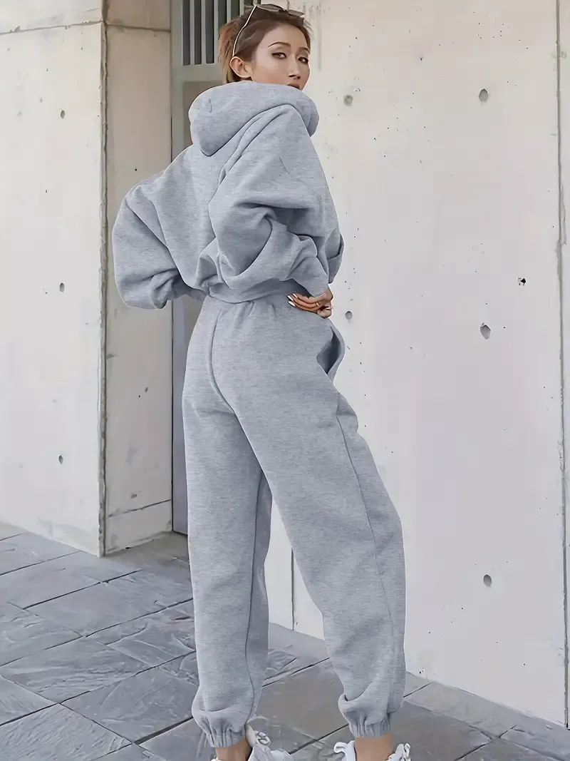 2PCS Oversized Athleisure Set: Solid Hooded Pocket Drawstring Sweatshirts & Sweatpants Sets for Women, Plus Size Comfortable Clothing