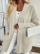 Women's Sweater Cardigan Streetwear Casual Solid Color V Neck Pocket Knitted Long Sleeve Long Tops Knit Daily Holiday Going out Orange Apricot Fall Winter