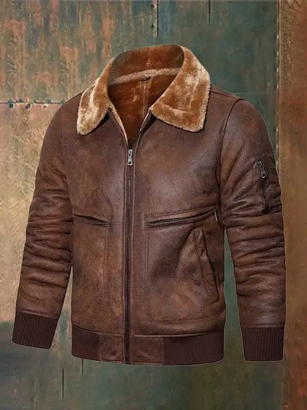 Men's Vintage Brown Leather Coat With Fur Collar