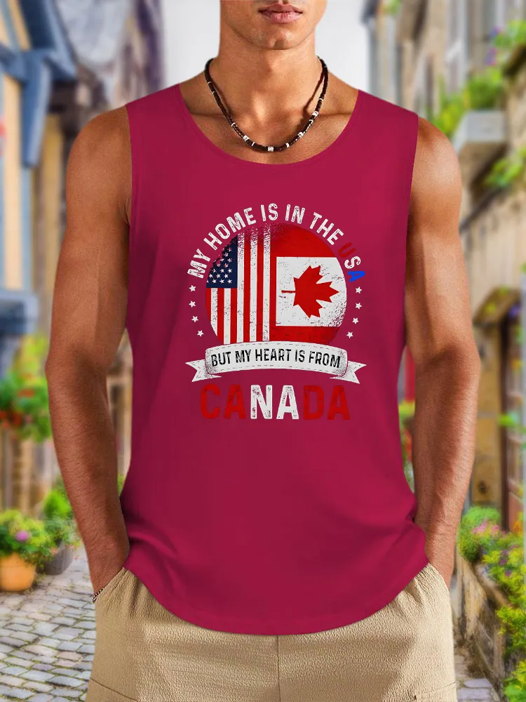 Men'S My Home Is In The Usa But My Heart Is From Canada Round Neck Cotton Vest